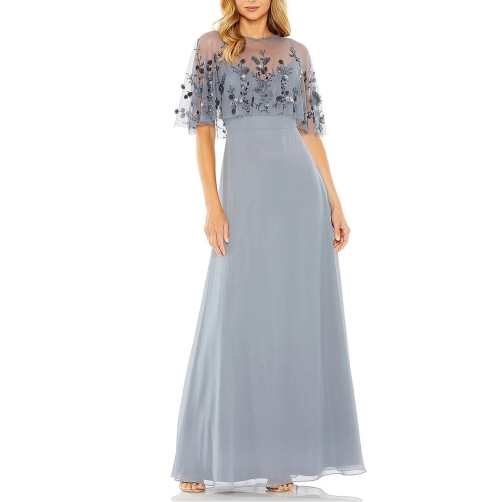 Mac Duggal Slate Blue / Gray Sleeveless Maxi Gown With Floral Embellished Cape